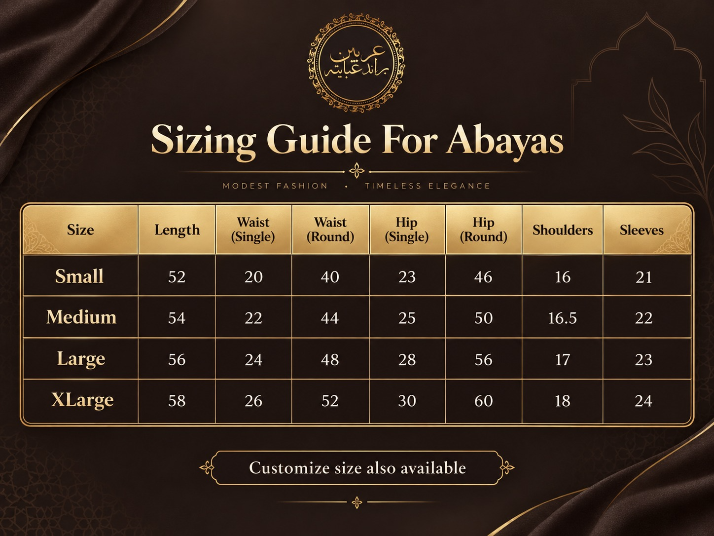 Arabian Bride Abayas size guide showing Small, Medium, Large and XLarge measurements
