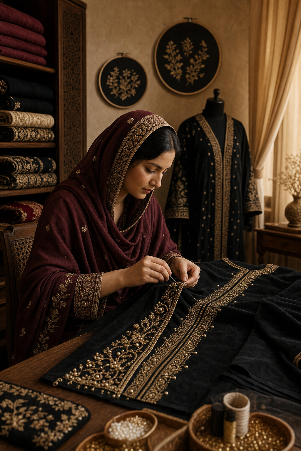 Skilled Pakistani artisan hand-embroidering a luxury bridal abaya