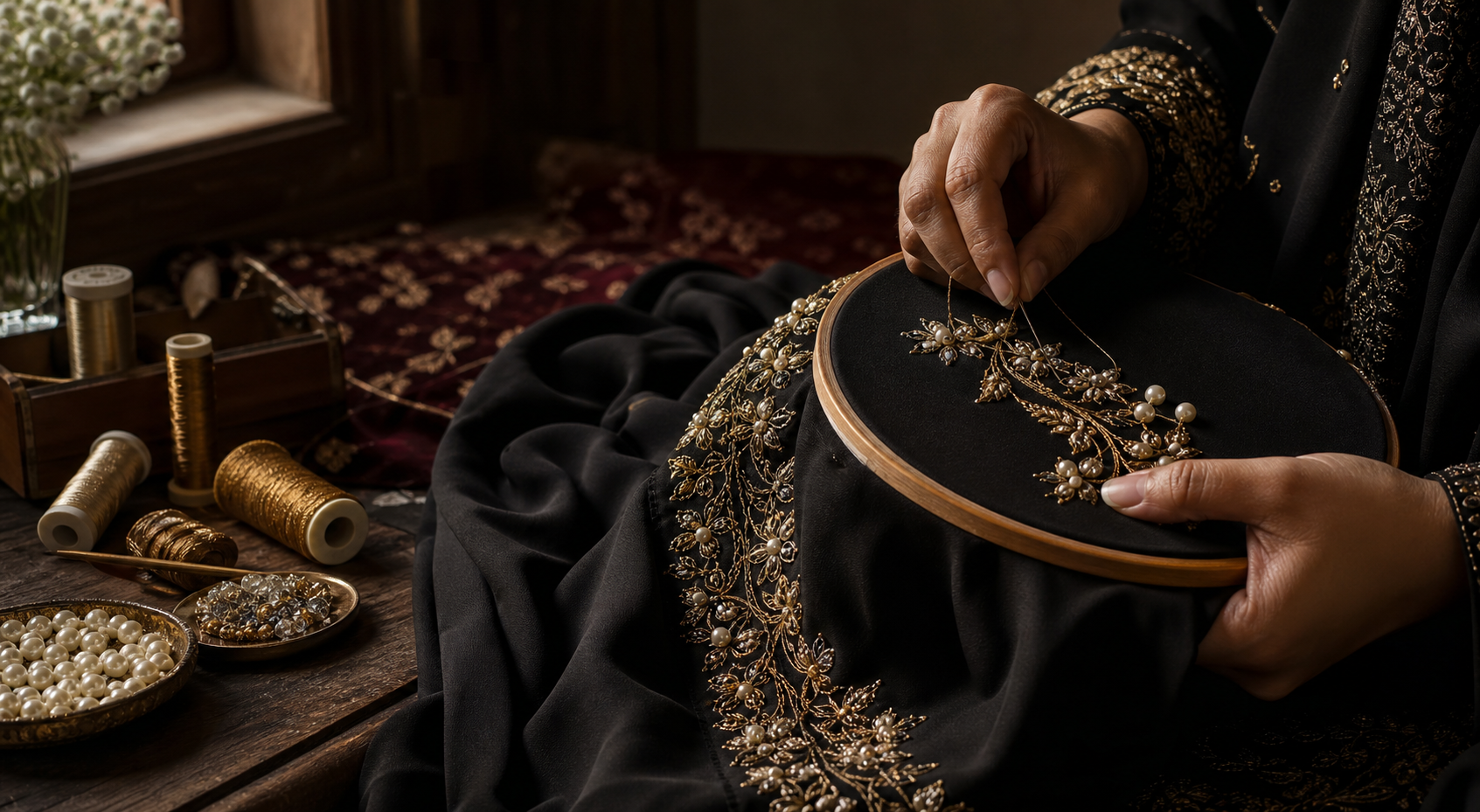 Skilled artisan hand-embroidering a luxury Arabian Bride abaya