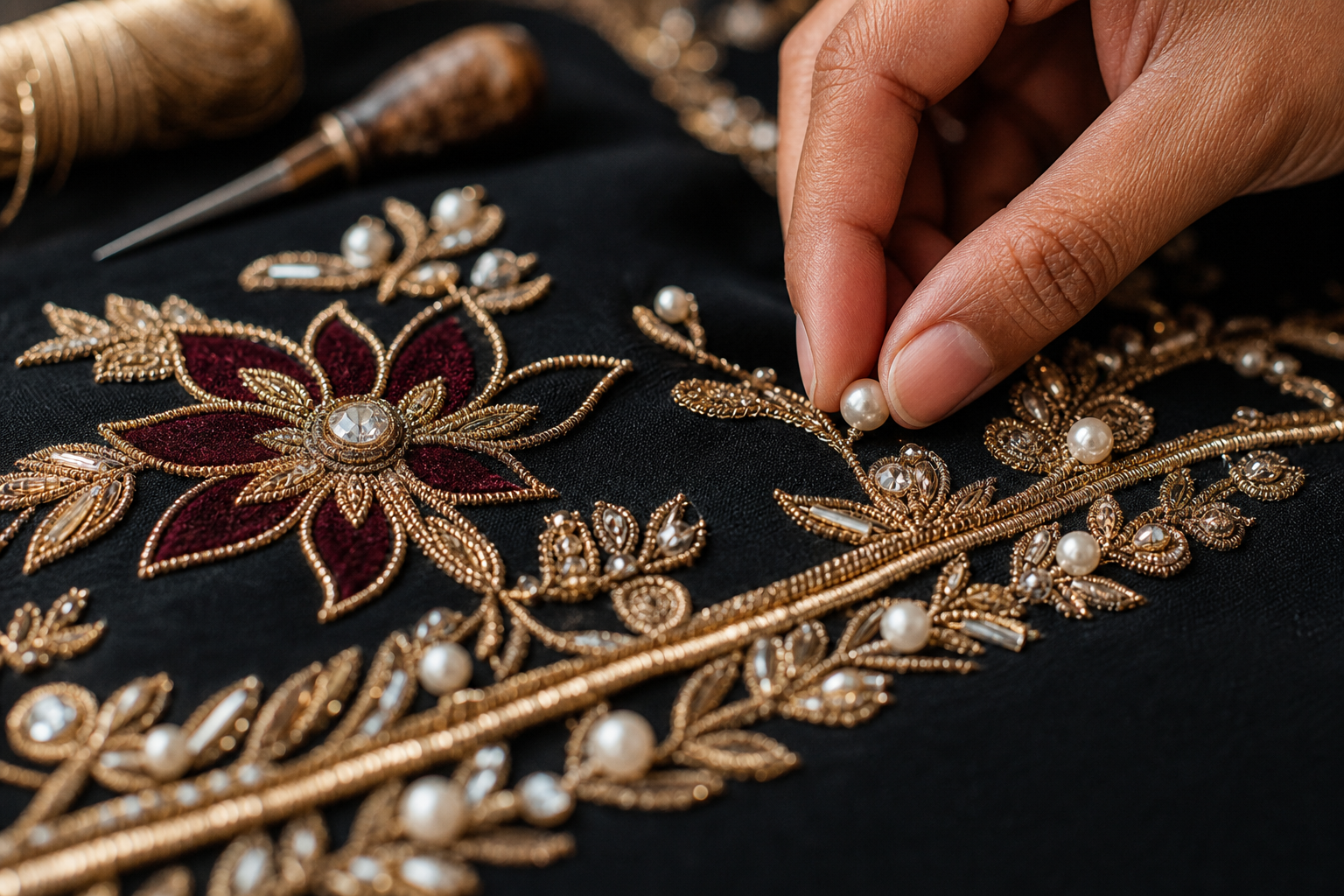 Pearl and gold handwork detail