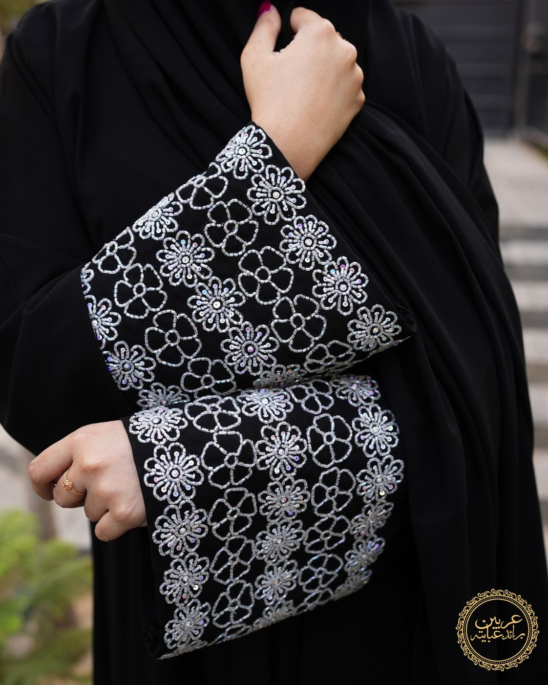 Rania Al-Aswad Luxury Abaya – Original NIDA Fabric with Handmade Cut Work & Black Chiffon Hijab — view 3