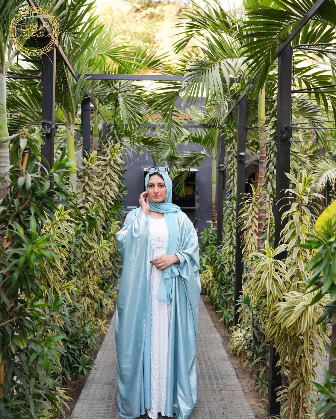 Noor Al-Bahar Luxury Abaya – Sky Blue Shimmer Top with White Crunch Inner — view 10